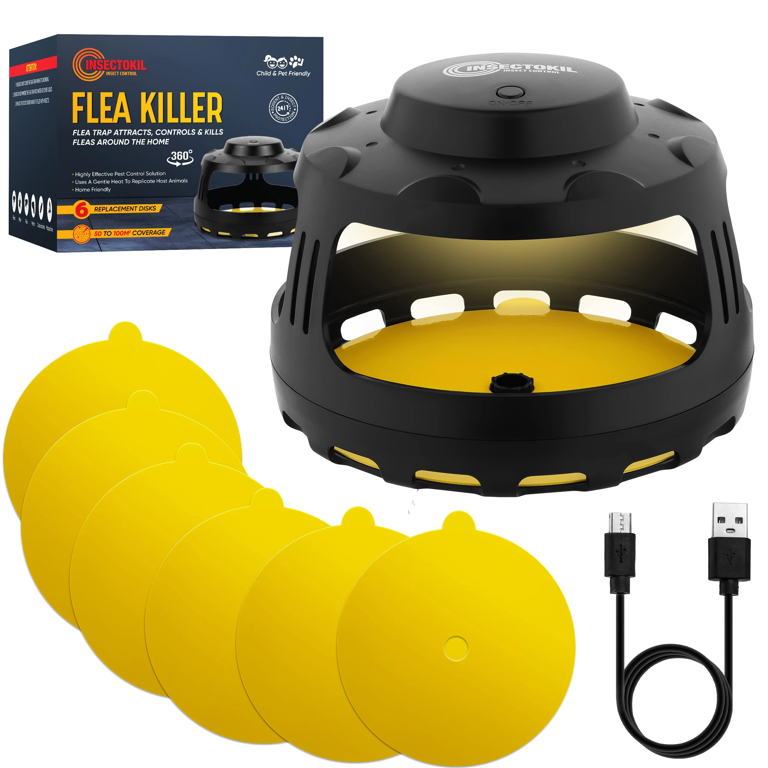Insectokil Flea Killer Smart Flea Trap | Ultimate Flea Treatment for House - Child & Pet Friendly, Chemical Free Trap Includes 6 Replacement Glue Disks