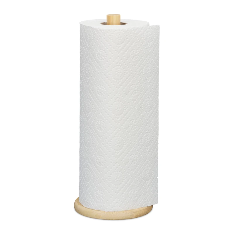 Relaxdays Paper Towels Roll Holder, Round Base, Natural Bamboo, Free-Standing, Non-Slip, HxØ: 28 x 11.5 cm, 28x11.5 cm