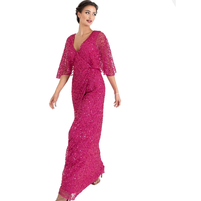 Womens Maxi Dress Ladies Sequin Embellished Wrap A-Line Dress for Wedding Guest Bridesmaid Evening Prom Ball Occasion Fuchsia Size 16 UK