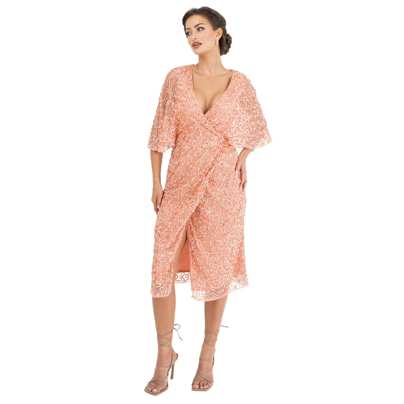 Maya Deluxe Women's Midi Ladies Sequin Embellished Cape Sleeve Wrap Dress for Wedding Guest Bridesmaid Cocktail Prom Evening Dress, Apricot Blush, 24