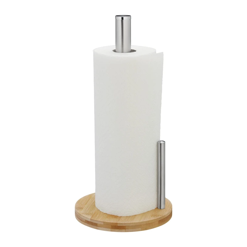 Relaxdays Kitchen Roll Holder, Bamboo, Stainless Steel, Paper Towel Rack with a Stopper, HxØ: 33x16 cm, Natural/Silver
