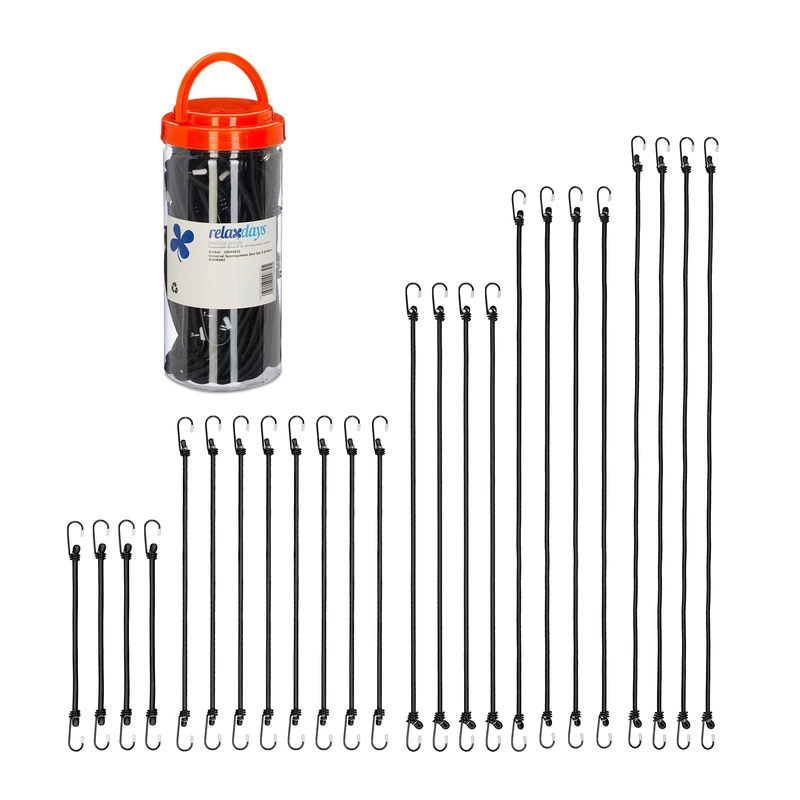 Relaxdays Bungee Cords with Hooks, Set of 24, Bike & Car Cargo Strap, Universal Elastic Band for Luggage, 5 Sizes, Black