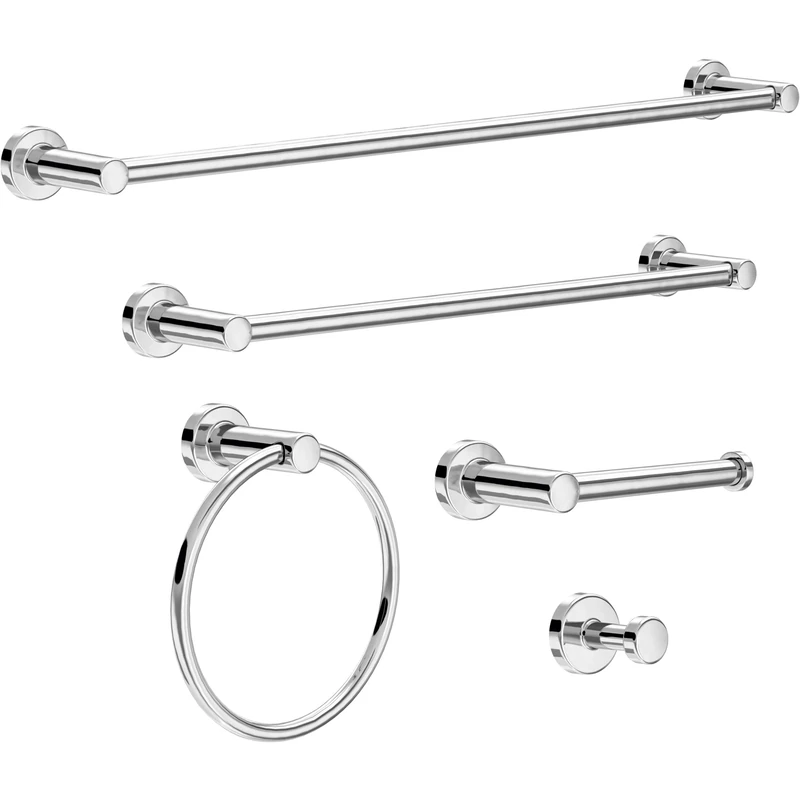 Franklin Brass WAK65-PC Wake 5-Piece Bath Accessory Set 18, 24 in. Towel Bars, Toilet Paper Holder, Towel Ring, Towel Hook in Polished Chrome