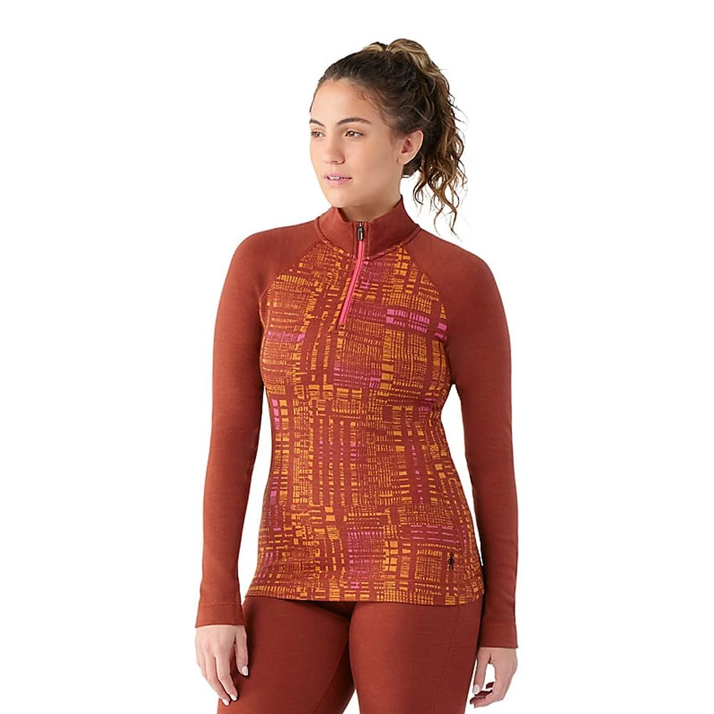 Smartwool Women's Classic Thermal Merino Wool Base Layer � Quarter Zip (Slim Fit), Pecan Brown Digi Plaid, X-Small