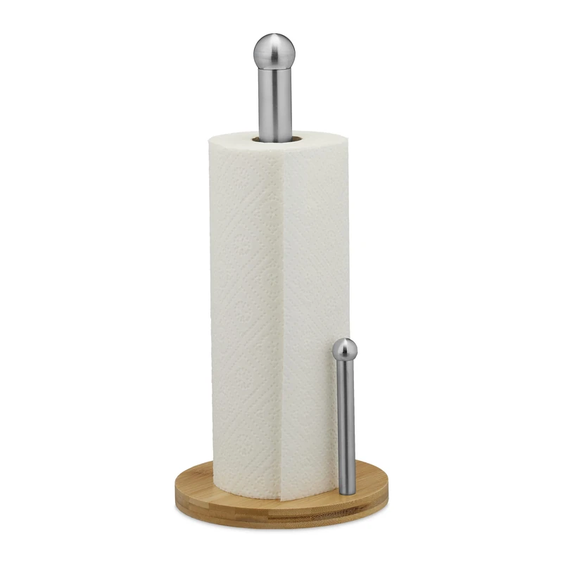 Relaxdays Paper Towel Roll Holder, Bamboo, Stainless Steel, Kitchen Rack with a Stopper, HxØ: 35x16 cm, Natural/Silver