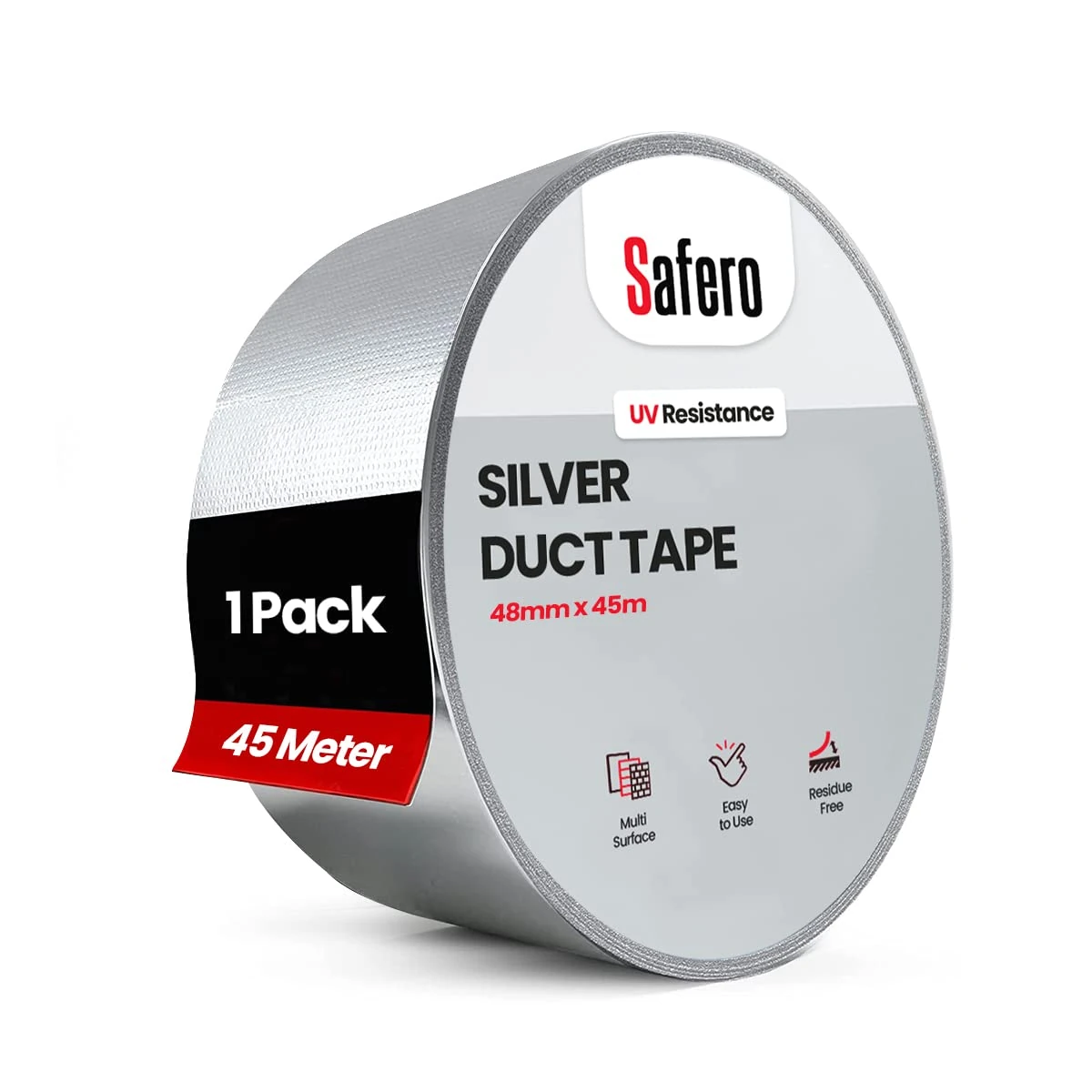 Safero Silver Duct Tape 48mm X 45 Meter | Strong Adhesive Gaffer Tape Water Resistance | Grey Tape Ideally Used to Repair Wrap Strong Packing Boxes | Cloth Tape for Indoor/Outdoor