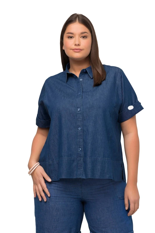 Ulla Popken Women's Fake Tencel Shirt Blouse, Blue Denim, 24-26
