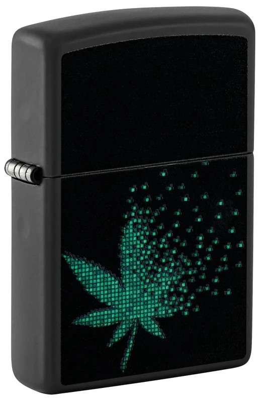 Zippo Windproof Lighter - Pixel Cannabis - Black Matte with Black Light Effect - Refillable - Reusable - Windproof Design - Gift Box - Made in USA