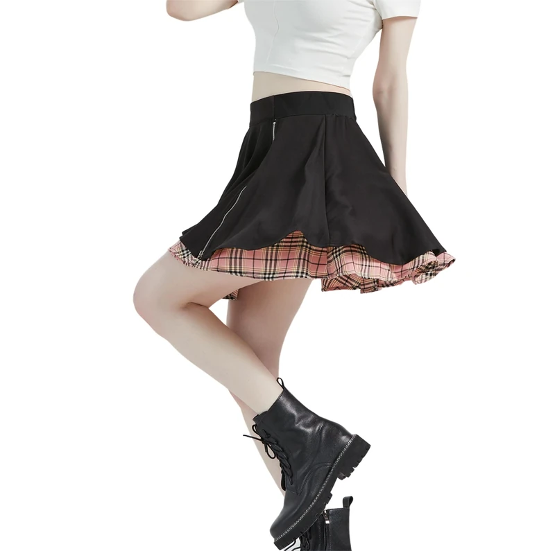 Kisidoo Gothic Skirts Cute High Elastic Waisted Plaid Kilts for Women Trendy Hem Flared Knee Length Mini Skater Skirt, A# Pink Plaid, S