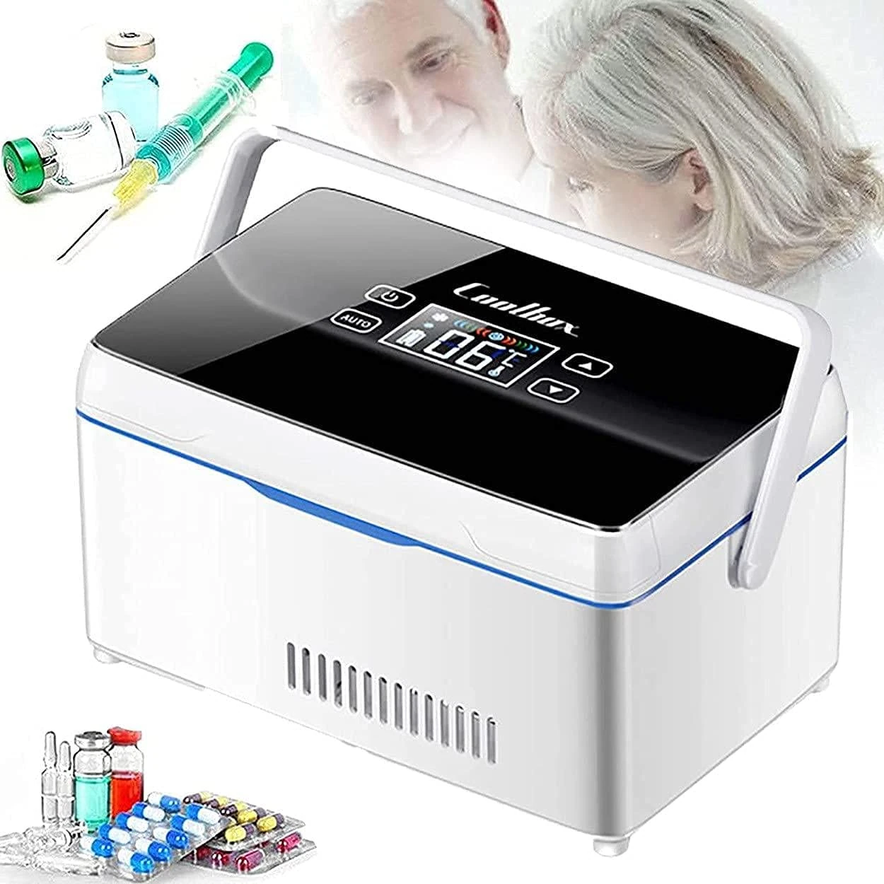 SANFAG Mini Fridges Portable Insulin Cooler Refrigerated Box, Portable Medicine Cooler Refrigerator- for Travel Home Constant Temperature Reefer Rechargeable LCD Display,3*battery