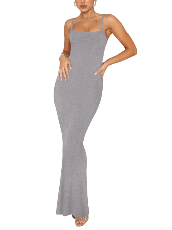 REORIA Women's Sexy Casual Lounge Slip Long Dress Elegant Wedding Guest Sleeveless Backless Ribbed Bodycon Maxi Dresses Light Grey Small