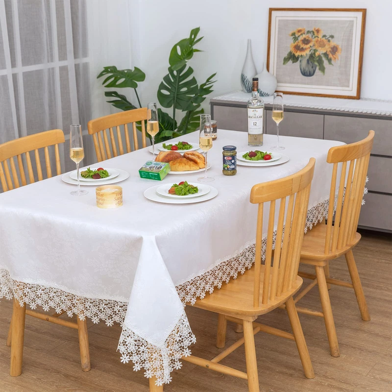 BrekSdat White lace Premium Rectangle Farmhouse Tablecloth Waterproof OilProof SpillProof AntiShrink Soft Wrinkle Resistant Decorative Fabric Table Cover Kitchen Dinning Party Wedding Banquet