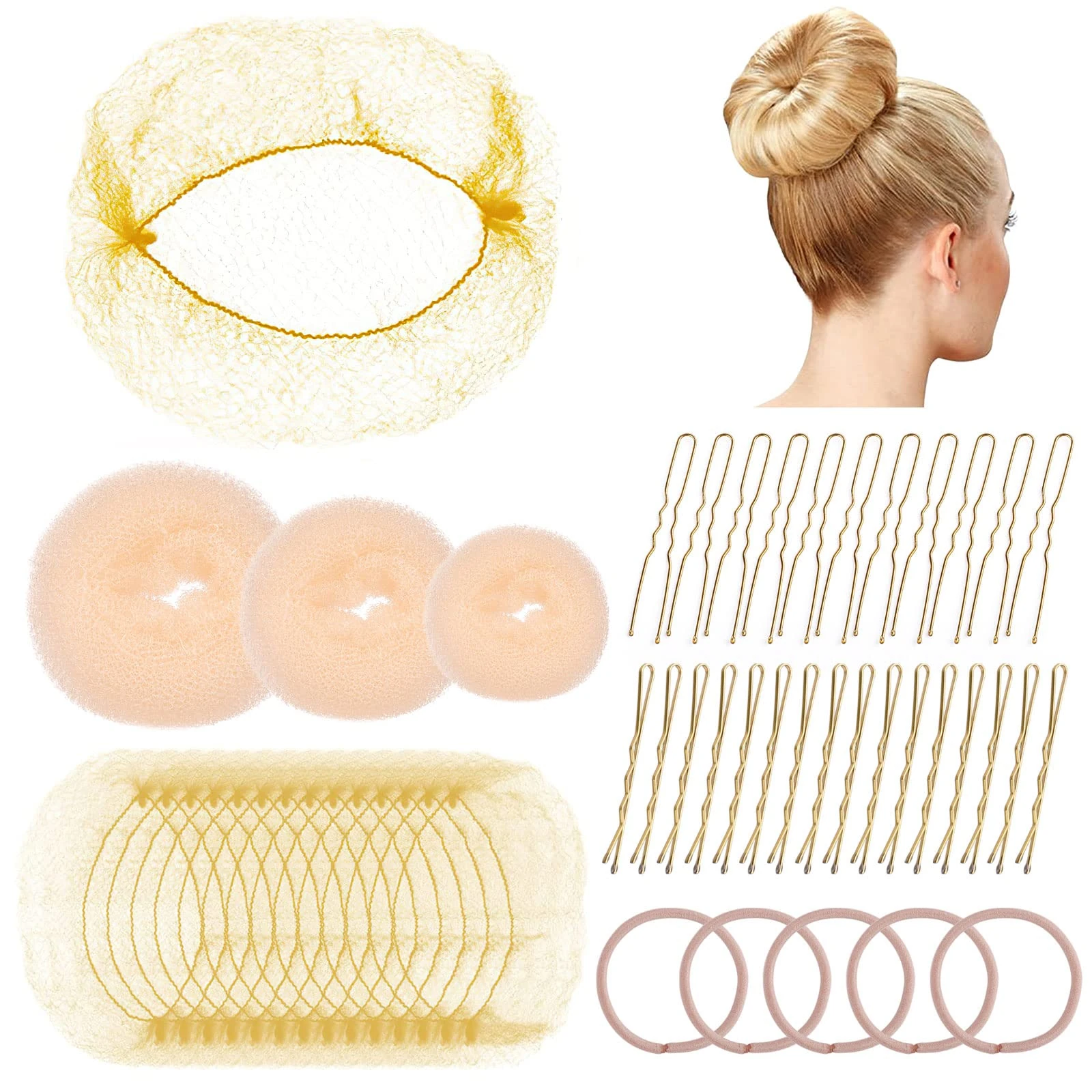 Tikplus Gold Easy Hair Styling Tools, 68PCS Hair Bun Net, Include Ballet Hair Nets, Hair Doughnut, U Shaped Hair Pins, Bobby Pins & Hair Bands, Hair Bun Maker, Bun Rings Women Girls Hair Accessories