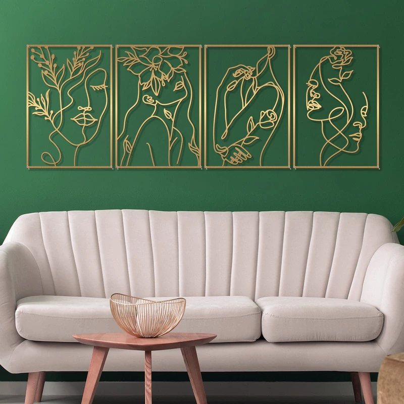 Glamativity 4 Pack Gold Wall Art Decor, Female Flower Face Lover Minimalist Décor Single Line Art Wall Décor, Real Metal Wall Art, Woman's Body Shape Abstract Wall Art, for Kitchen Bedroom Living Room