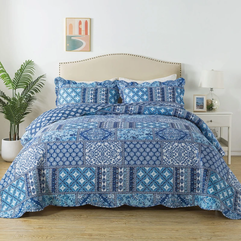 HoneiLife Rustic Queen Duvet Cover Set - 3 Piece Microfiber Bedding Set Lightweight Floral Bedspreads Retro Duvet Cover All Season Quilts - Blue