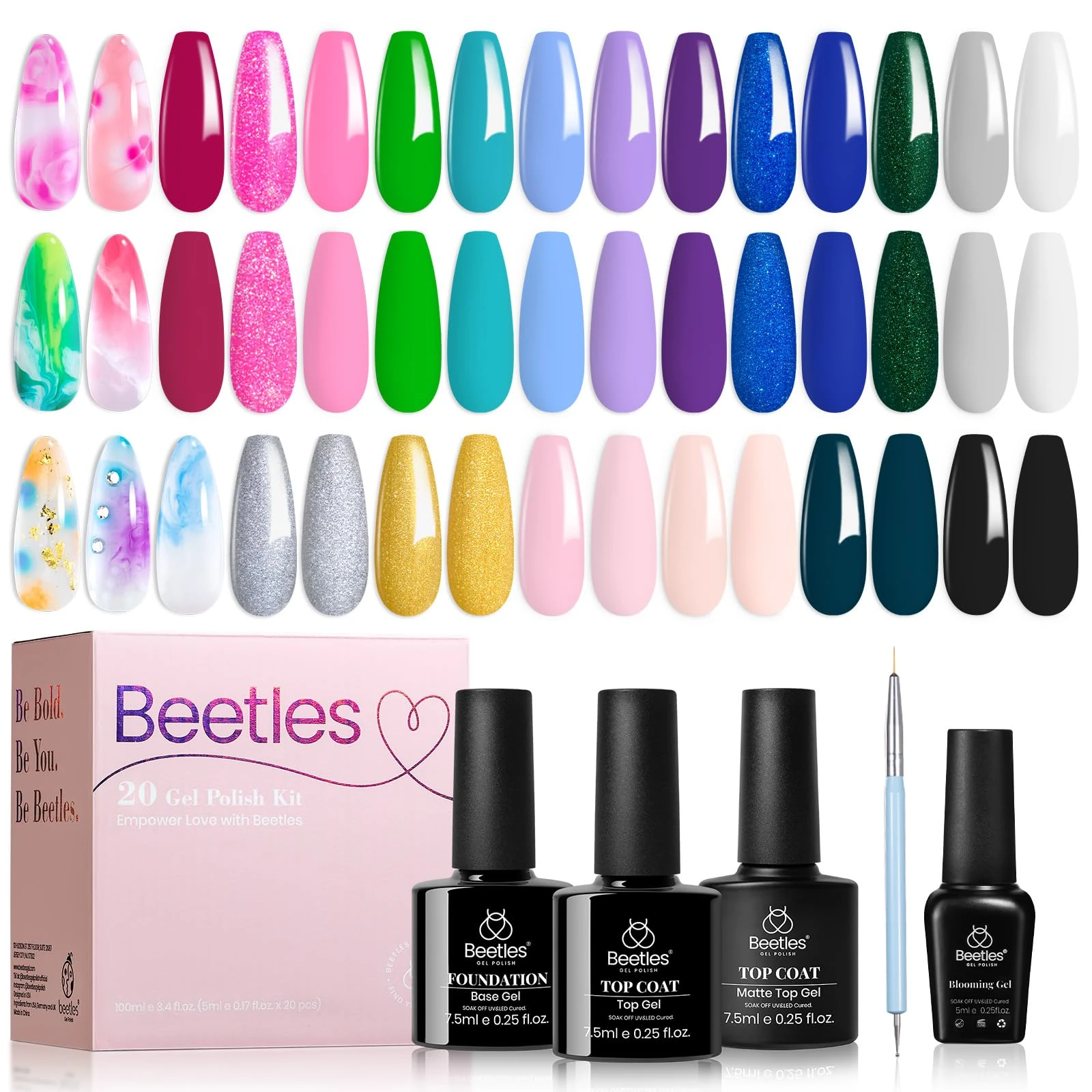 Blooming Gel Nail polish - 19 Colors Pink Green Blue Purple Neon Base & Glossy Matte Top Coat, Clear Blooming Polish for Spreading Effect Soak Off UV Nail Art Design