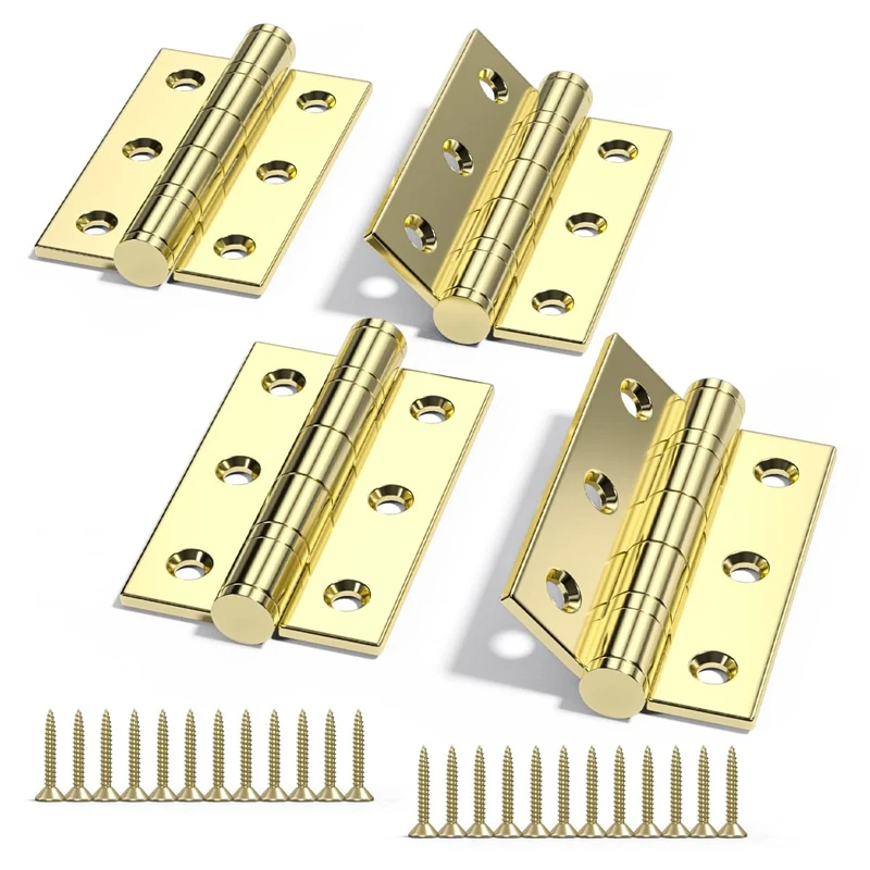 Bwintech 2 Pairs 75 x 50 x 2.0mm(3 inch) Gold Plated Wire Drawing Hinge, Steel Fireproof Inner Door Hinge, Square Corners, Ball Bearing Hinge Used in Residential and Commercial Buildings