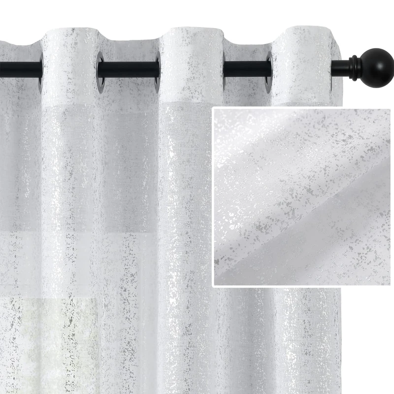 TERLYTEX White & Silver Curtains 84 Inch Length Metallic Silver Foil Printed Sparkle Sheer Curtains for Living Room Eyelet Silver Shimmer Curtains for Windows,132 X