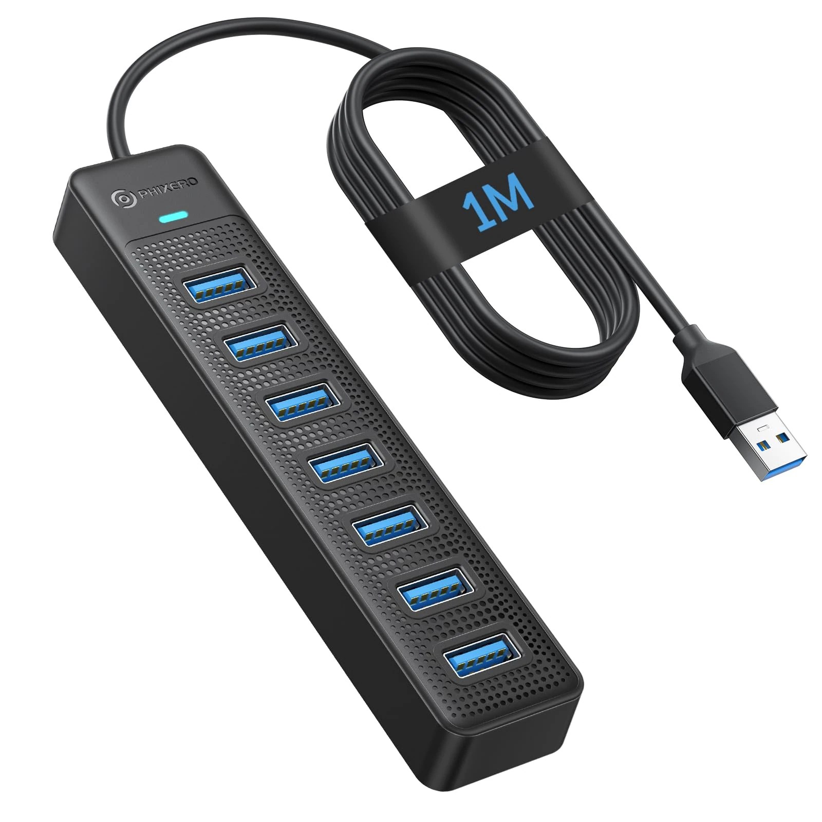 PHIXERO 7 Port USB 3.0 Hub With 3.3FT/1M Long Cable, Multiport Adapter for Laptop Compatible With All USB 3.0/2.0/1.1 Port Devices