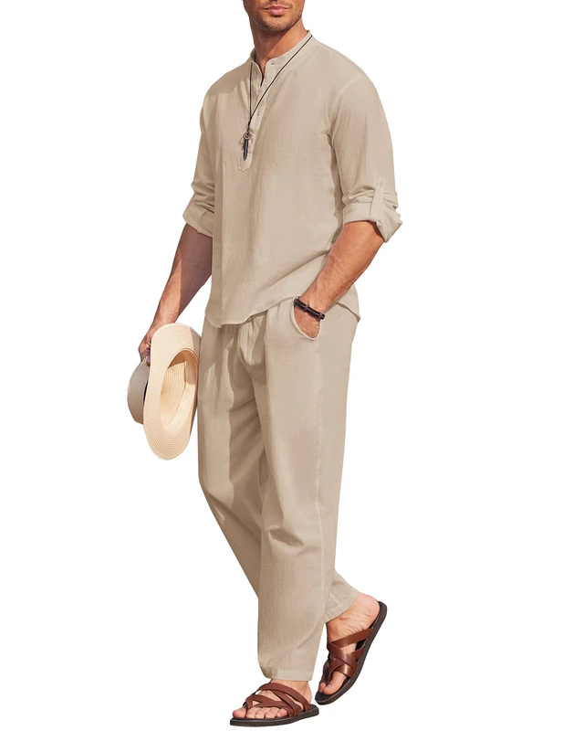 COOFANDY Men's 2 Pieces Cotton Linen Set Long Sleeve Henley Shirts Casual Beach Pants With Pockets Summer Yoga Outfits, Light Khaki, Large - Image 1