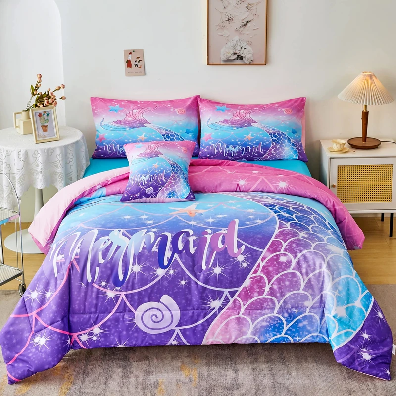 RYNGHIPY Mermaid Comforter Set 6Pcs, Kids Gilrs Bed in a Bag Twin Size, Mermaid Tail Print Teens Girls Bedding Set, Rainbow Bedding Collections