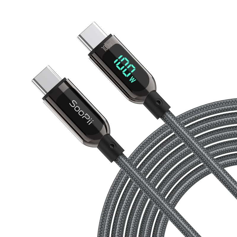 SOOPII 100W USB C to C Cable, Nylon Braided Type-C, PD Fast Charging with LED Display for iPhone 15/15 Pro, iPad Air, MacBook Pro, Galaxy S23/S22 (2M, Grey)