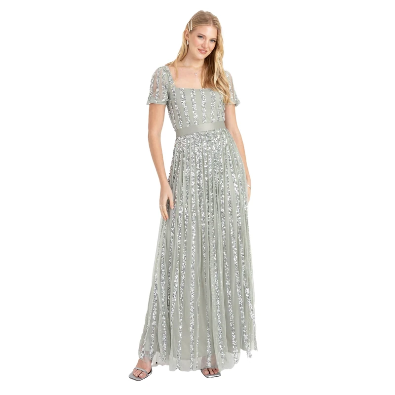 Maya Deluxe Womens Ladies Maxi Occasion Sequin Square Neck High Waist A Cut Evening Gown for Wedding Guest Black Dress, Black, 6 UK