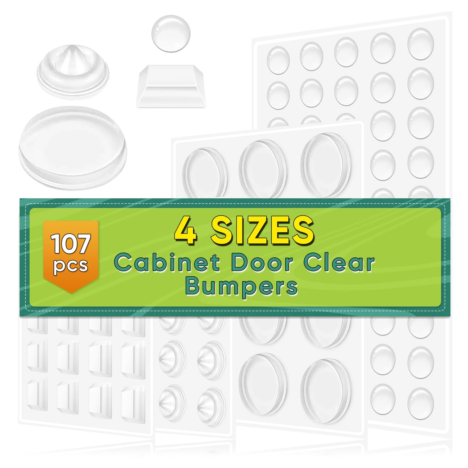 4 Sizes 107 PCS Clear Rubber Feet Adhesive, Soft Bumper Pads for Noise Dampening and Cushioning, Buffer Non Slip Pads for Cabinet Doors, Drawers, Glass, Cupboard, Picture Frames, Cutting Boards
