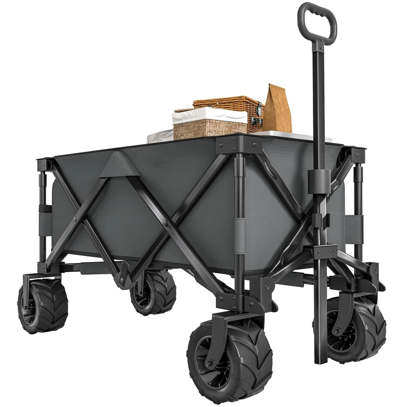 Outsunny 140L Festival Trolley on Wheels, Folding Camping Trolley Cart with Telescopic Handle, Big Wheels for Outdoor Garden Beach Fishing, Dark Grey