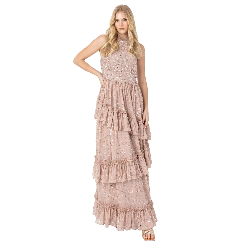 Maya Deluxe Womens Maxi Dress Ladies Embellished Ruffle Sleeveless Tie Back Dress for Wedding Guest Bridesmaid Prom Evening Occasion Taupe Blush Size 24 UK