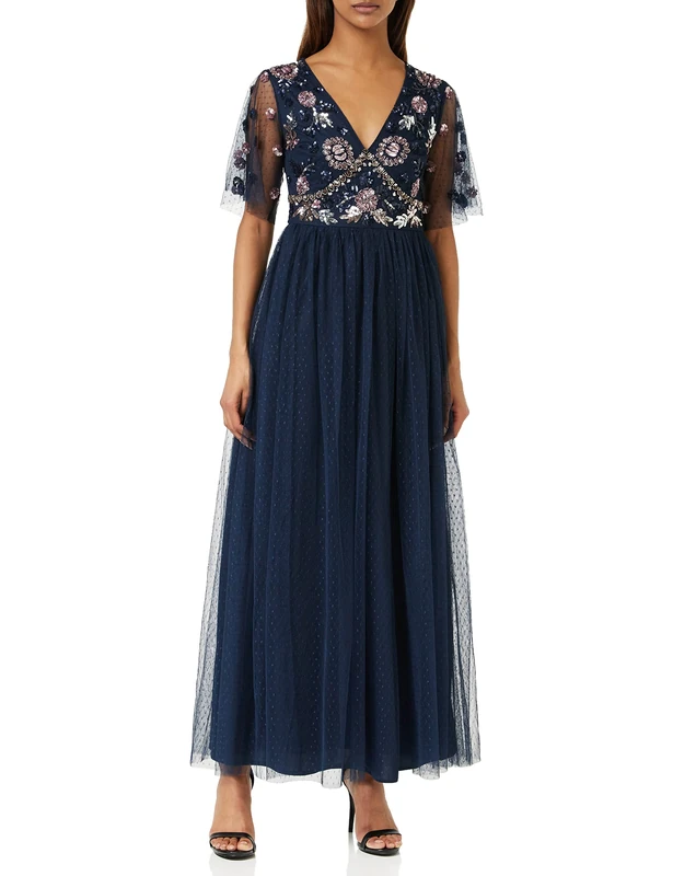 Maya Deluxe Womens Maxi Dress Ladies Embellished Spot Mesh A-Line V-Neck Dress for Wedding Guest Bridesmaid Prom Ball Occasion Navy Size 14 - Image 1