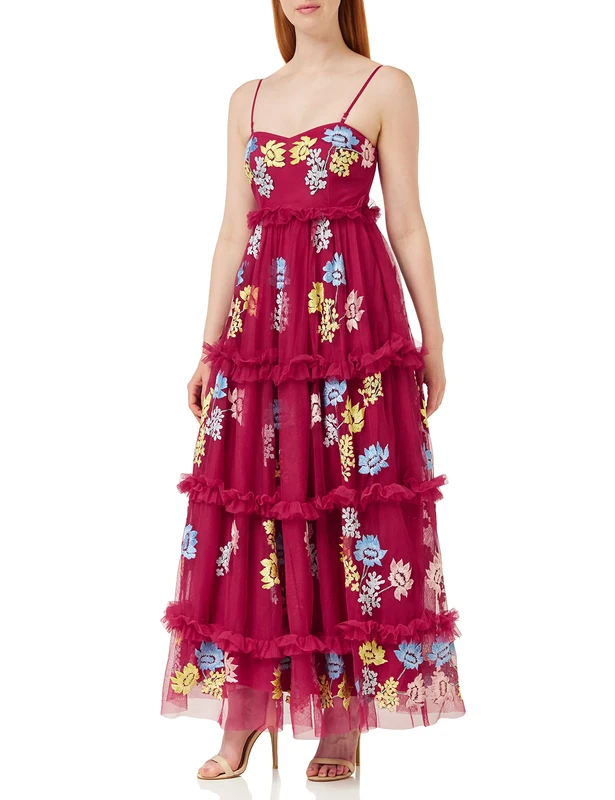 Maya Deluxe Womens Midi Dress Ladies Sleeveless Embroidered Frilly Ruffle Dress for Wedding Guest Bridesmaid Prom Ball Occasion Wine Size 10 UK