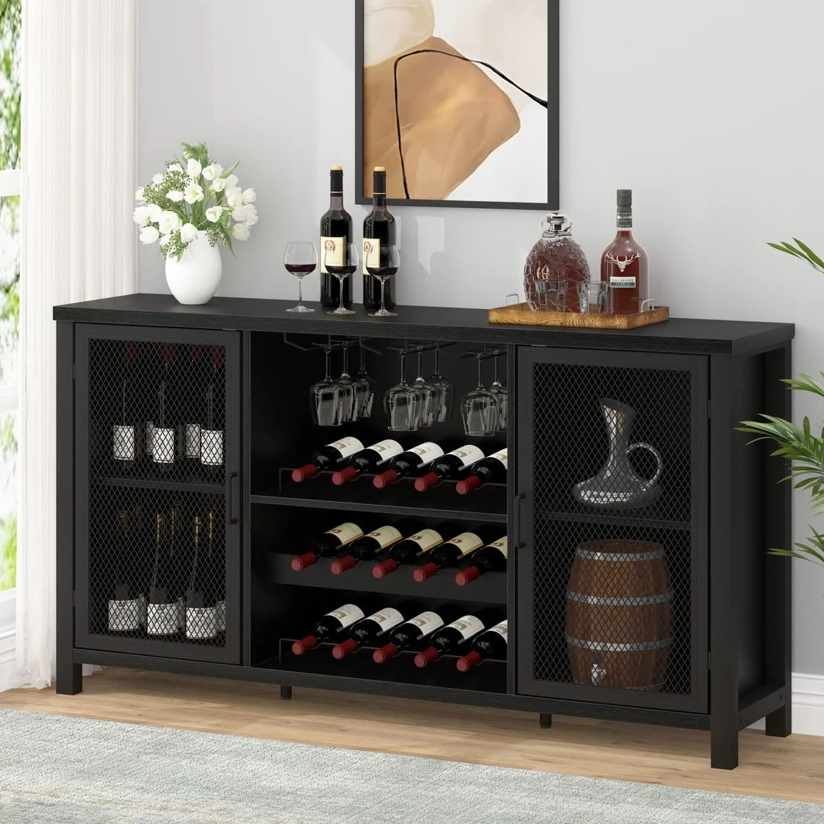 IBF Black Coffee Bar Cabinet, Industrial Kitchen Sideboard, Wine Cabinet with Wine Rack Storage, Buffet Cabinets for Drinks, Farmhouse Liquor Cabinet for Home Living Dining Room, Black Oak, 140 CM