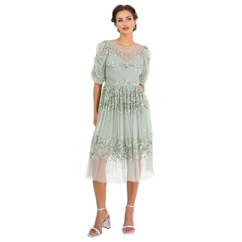 Maya Deluxe Women's Midi Ladies Sequin Embellished Short Sleeve Dress for Wedding Guest Bridesmaid Prom Ball Evening Occasion, Green Lily, 22