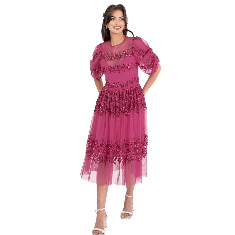 Maya Deluxe Womens Midi Dress Ladies Sequin Embellished Short Sleeve Dress for Wedding Guest Bridesmaid Prom Ball Evening Occasion Fuchsia Size 6 UK