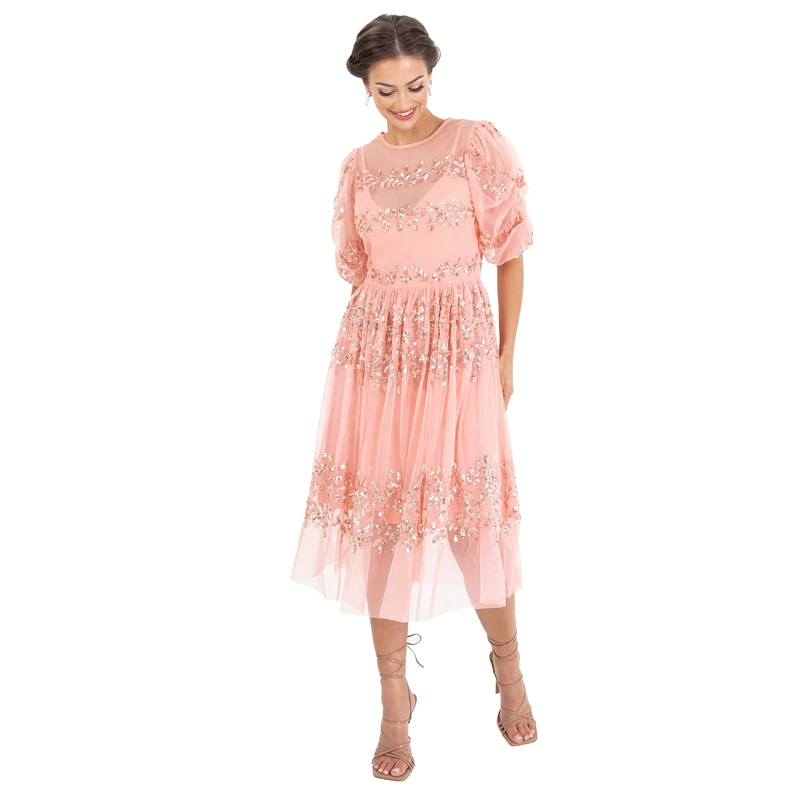 Maya Deluxe Womens Midi Ladies Sequin Embellished Short Sleeve Dress for Wedding Guest Bridesmaid Prom Ball Evening Occasion Dress Women, Apricot Blush, 12