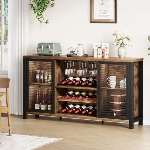 IBF Rustic Wine Bar Cabinet, Farmhouse Wood Buffet Sideboard with Storage Rack, Coffee Bar Cabinet for Liquor and Glasses, Wine Cabinet for Home Kitchen Dining Room, 140 CM, Rustic Brown
