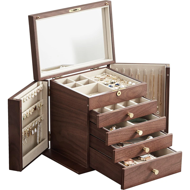 CHOSIN Black Walnut Wooden Jewelry Box for Women with Mirror, 5 Drawers and 2 Side Doors for Watches, Necklaces, Rings, Earrings Storage, Father's Day Gifts
