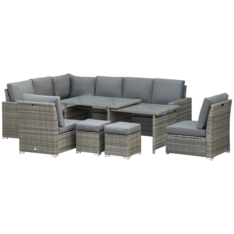 Outsunny 10-Seater Sofa Sectional, Cushioned Seat, Footstools and Glass Table