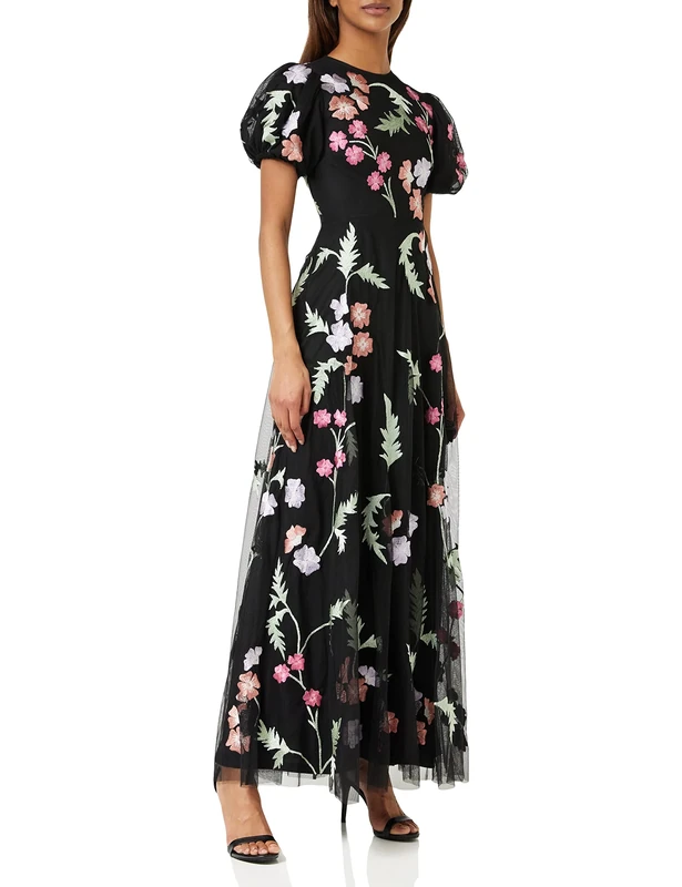 Maya DeluxeWomens Maxi Dress Ladies Floral Embroidered Open Back Puff Sleeves Dress for Wedding Guest Bridesmaid Prom Occasion Black Size 14 UK