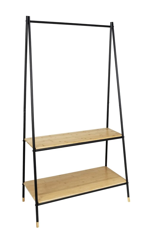 WENKO Loft Freestanding Coat Stand with 2 Generous Shelves, Made of Black Steel Tube and FSC Certified Bamboo, Holds up to 40 kg, 90 x 167 x 42 cm, Natural - Image 1