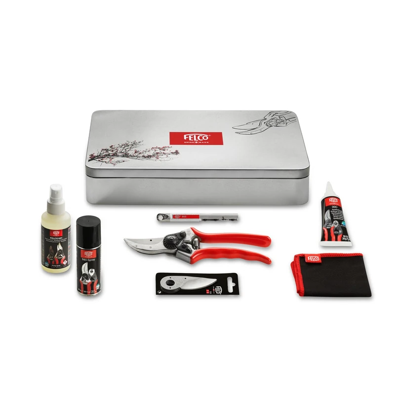 FELCO Model 2 Secateurs Service and Maintenance Box Model 933 Model 2 Included Spare Blade 2/3 Lubricating Spray sap Remover Grease Sharperner Adjustment key 2/30 Cleaning Towel Made in Switzerland