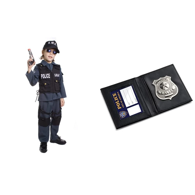 Dress Up America Deluxe Children's SWAT Police Officer Costume Set,Medium (8-10 Years) & Kids Pretend Play Police ID Wallet