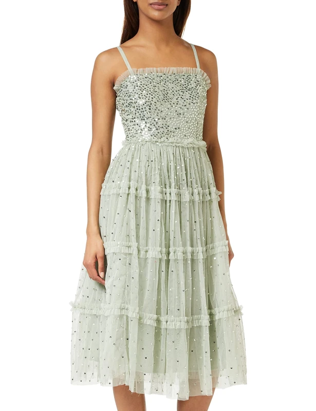 Maya Deluxe Womens Midi Dress Ladies Sequin Embellished Sleeveless Ruffle Dress for Wedding Guest Bridesmaid Prom Evening Occasion Green Lily Size 6 UK