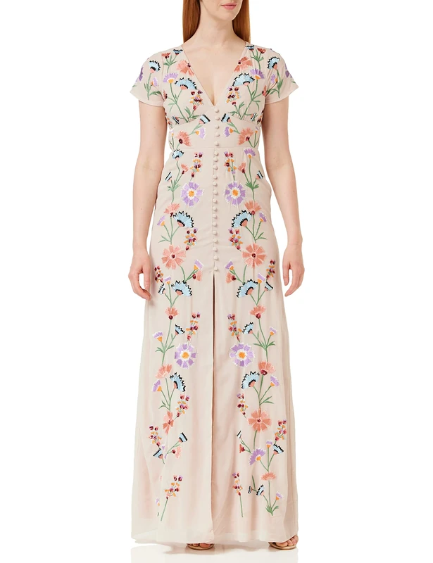 Maya Deluxe Womens Maxi Dress Ladies Embroidered Button Front Split Tea Dess for Wedding Guest Bridesmaid Evening Prom Occasion Multi Size 16 UK