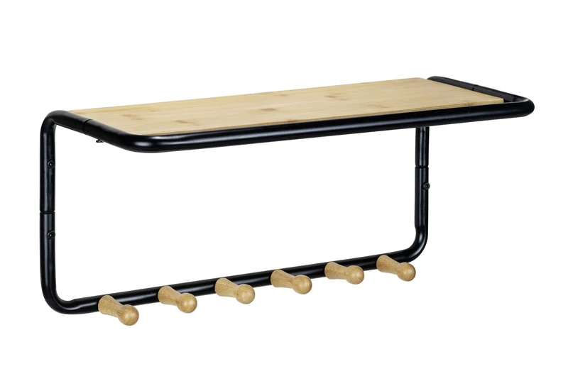 WENKO Loft Industrial Design Metal Wall Coat Rack with FSC® Certified Bamboo Shelf with 6 Hooks, Can be Used with Hangers, 58 x 26 x 26 cm, Black/Natural - Image 1