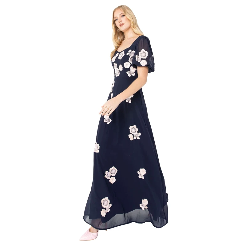 Maya Deluxe Womens Maxi Dress Ladies Floral Embellished Short Sleeve Maxi Dress for Wedding Guest Bridesmaid Evening Prom Ball Navy Size 18 UK