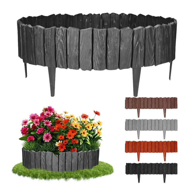 GARDENIX Anthracite Lawn Edging - 2.3m/7.4ft Flexible Garden Edging for Flower Beds, Lawn, Patio & Pavement - Easy Install border, No Digging, Weather-Resistant Plastic, Wood Effect Garden Fence