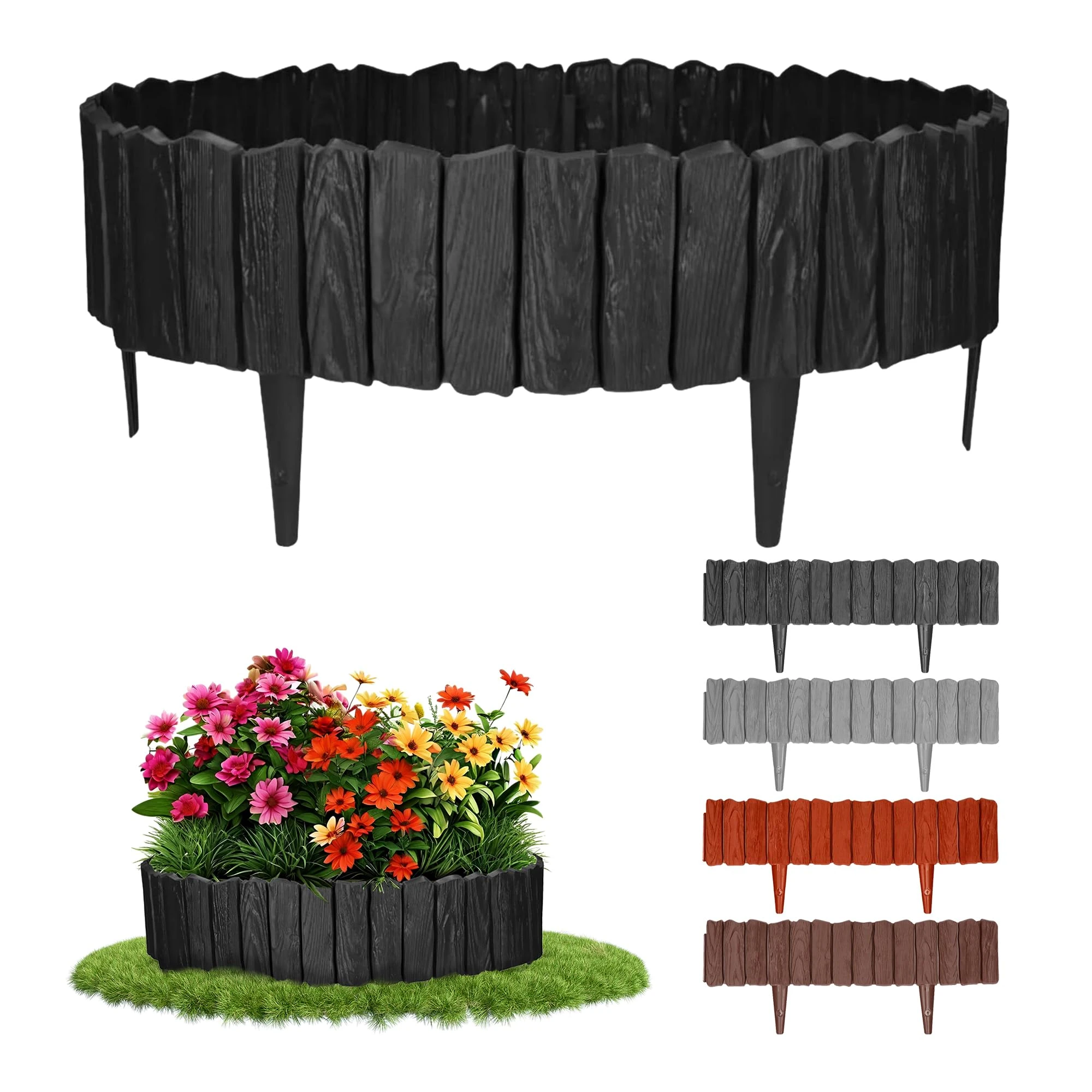 GARDENIX Black Lawn Edging - 2.3m/7.4ft Flexible Garden Edging for Flower Beds, Lawn, Patio & Pavement - Easy Install border, No Digging, Weather-Resistant Plastic, Wood Effect Garden Fence