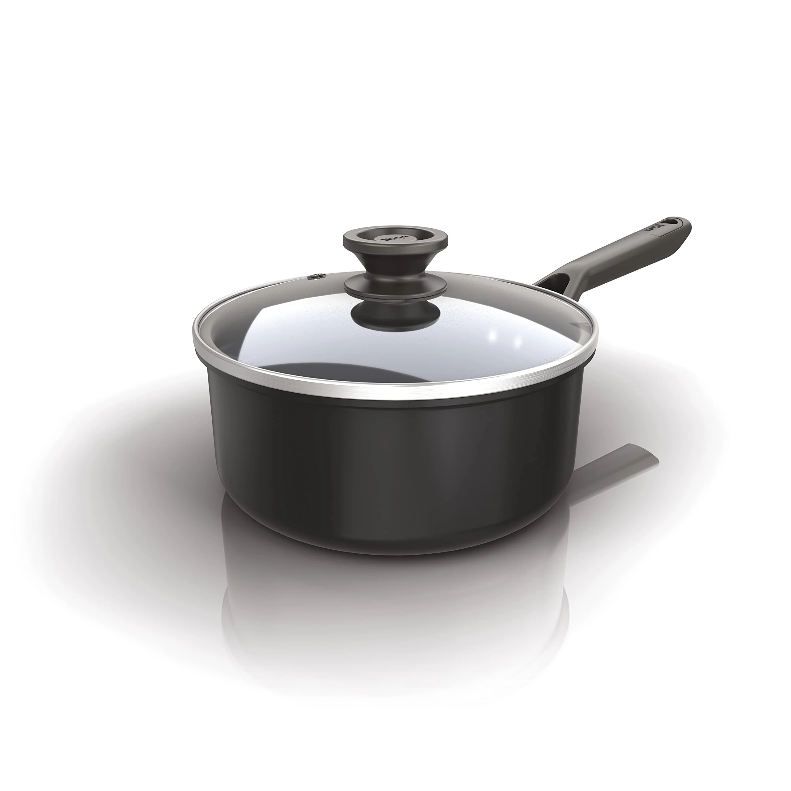 Ninja ZEROSTICK Classic Cookware 18cm Saucepan, Non-Stick, Long Lasting Aluminium Saucepan, Induction Compatible, Oven Safe to 180°C, Glass Lid, Black, CW50218UK
